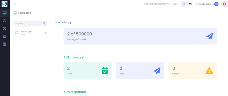 sendwo main dashboard